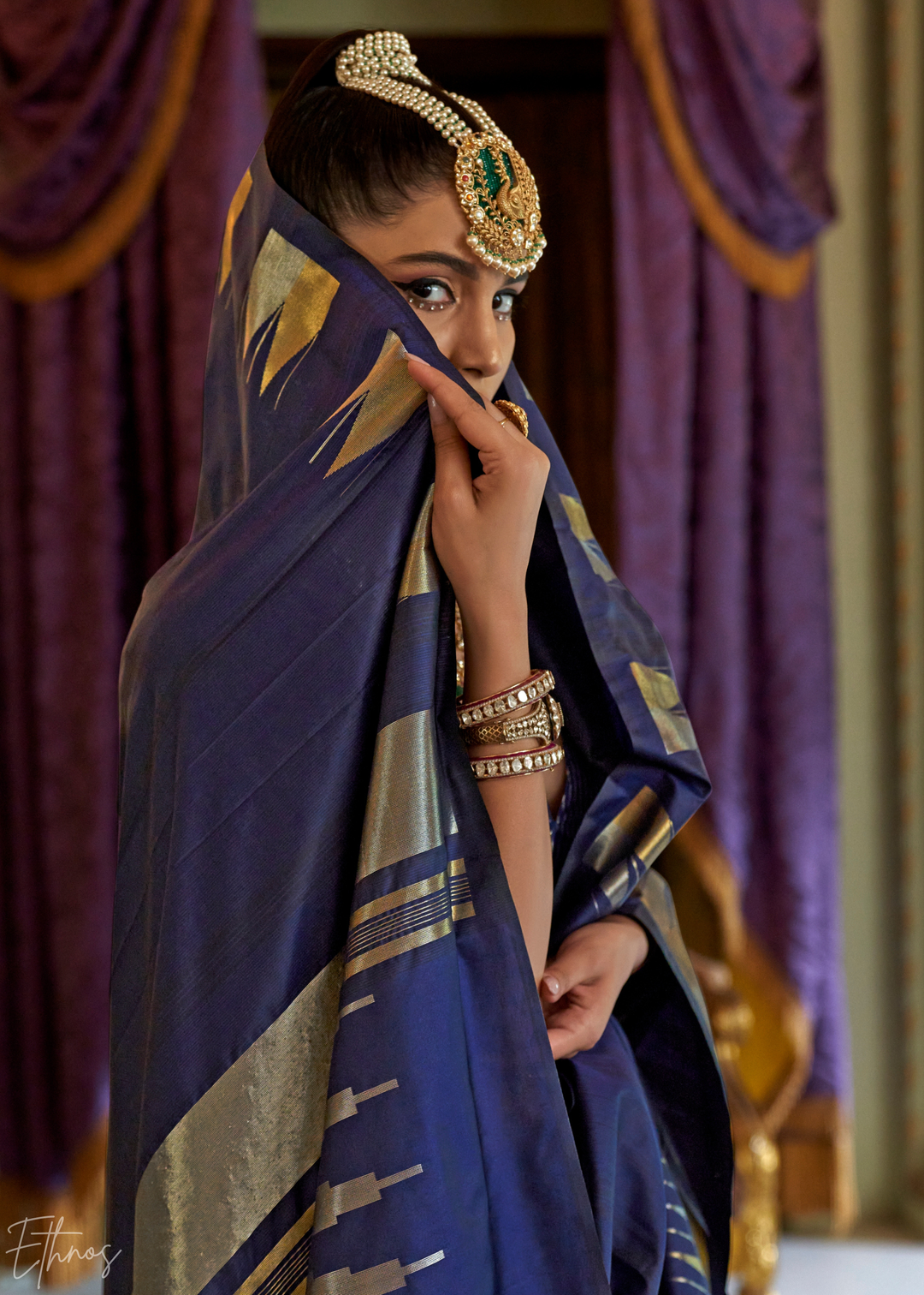 Royal Navy Metallic Temple Wave Silk Saree