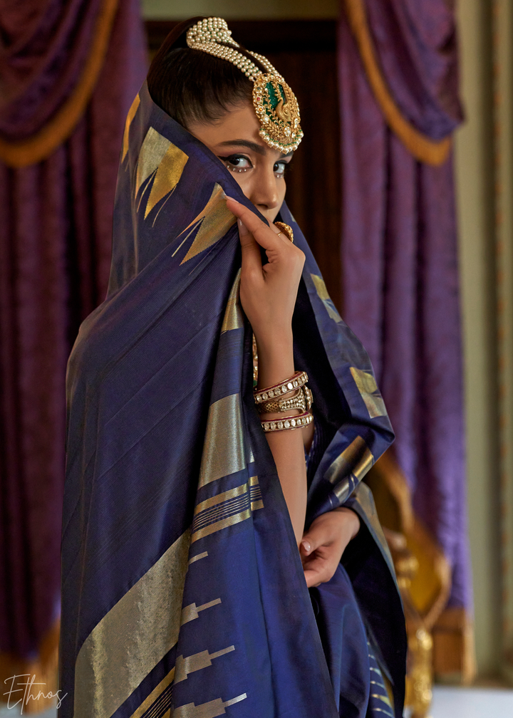 Royal Navy Metallic Temple Wave Silk Saree
