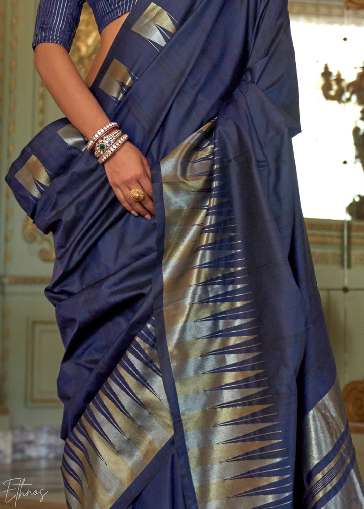 Royal Navy Metallic Temple Wave Silk Saree