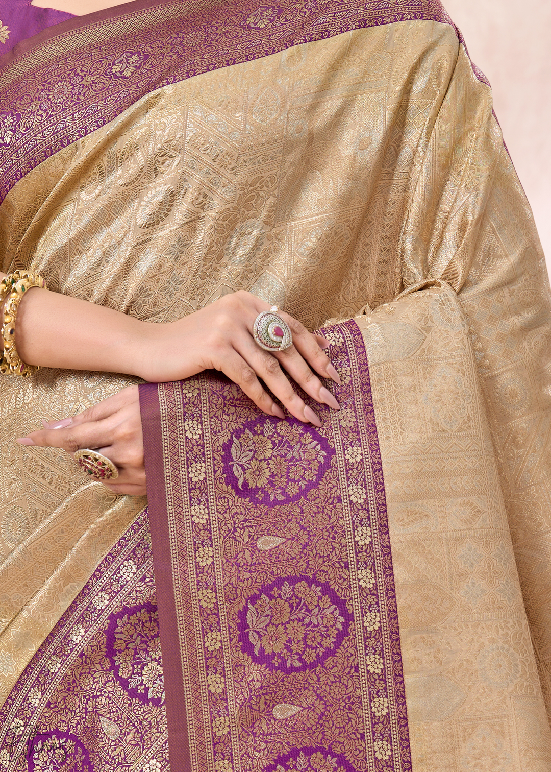 Royal Purple Botanical Panel Woven Silk Saree