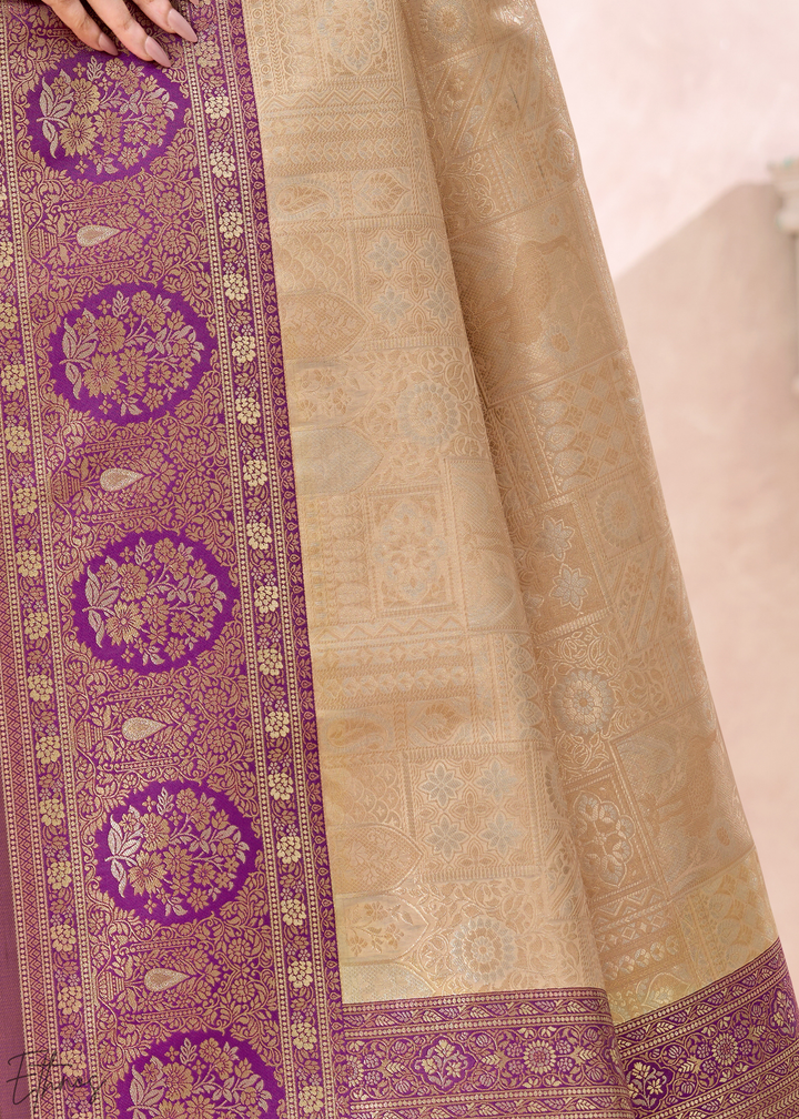 Royal Purple Botanical Panel Woven Silk Saree