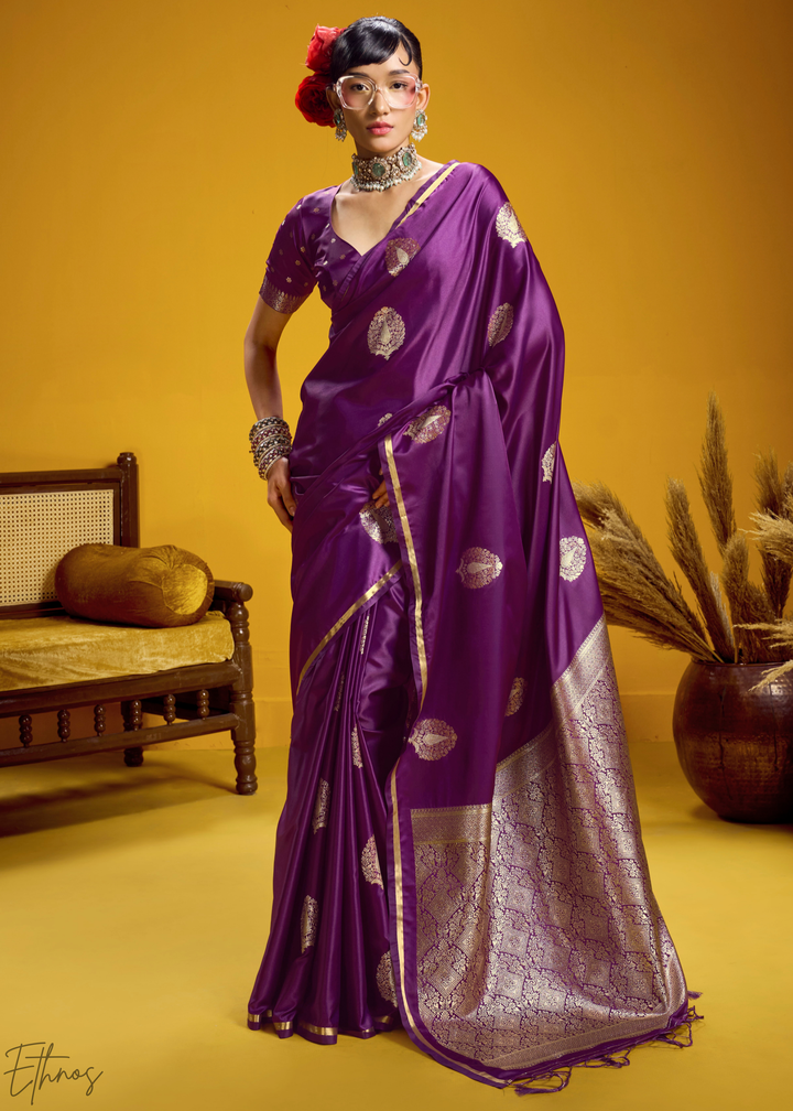 Royal Purple Gold-Infused Jacquard Satin Silk Saree