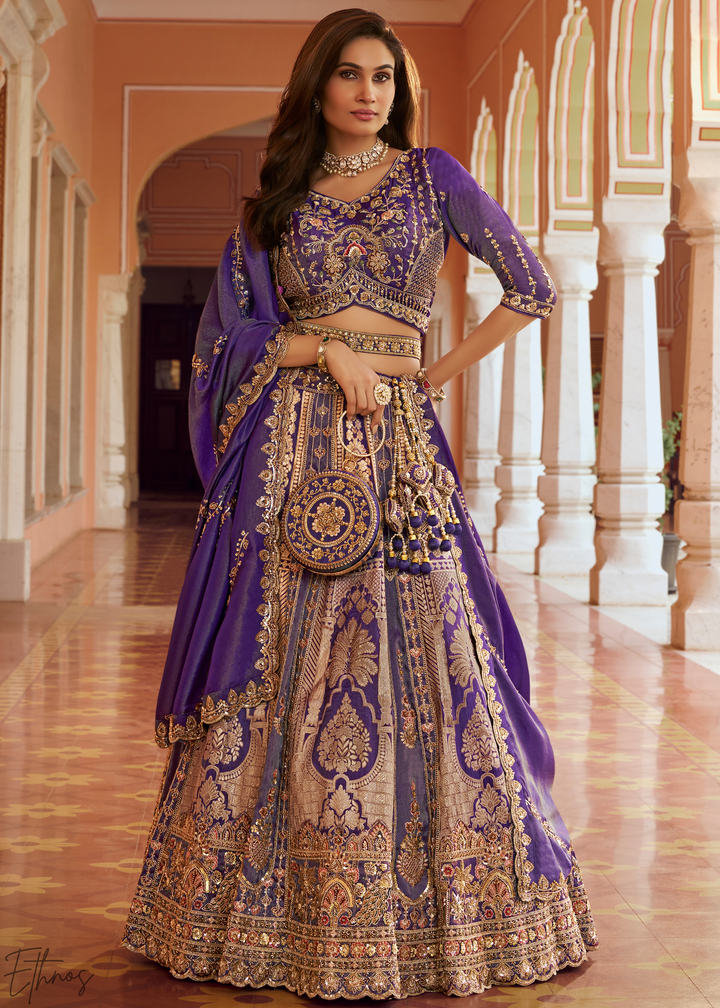 Royal Purple Paisley Weave Banarasi Silk Lehenga Choli