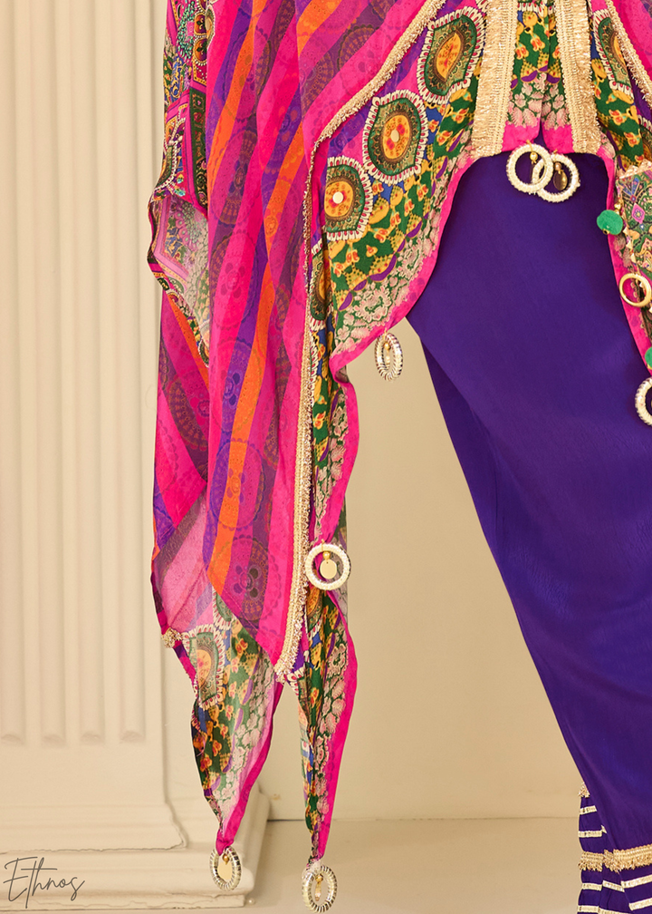 Royal Purple & Pink Abstract Geometric Lawn Tunic Set