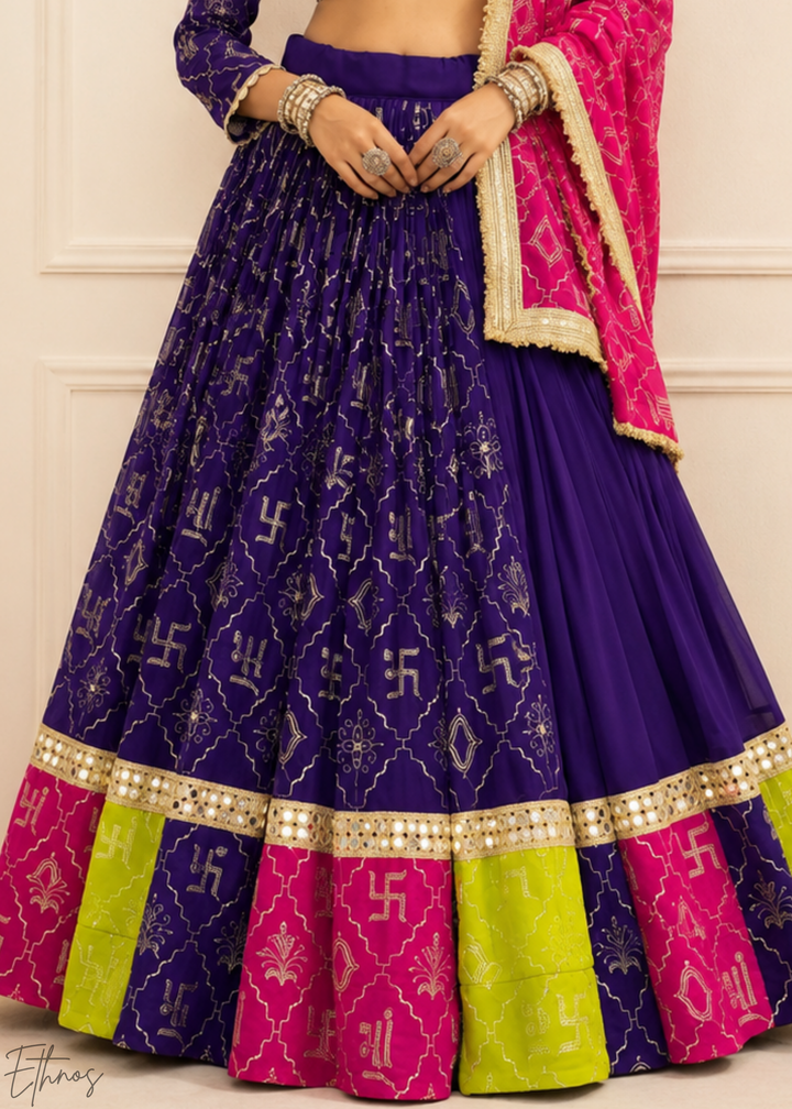 Royal Purple Traditional Paneled Border Faux Georgette Lehenga Choli