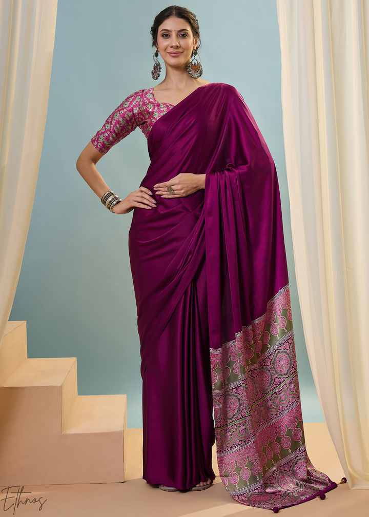 Rubellite Modal Silk Ajrakh Border Saree