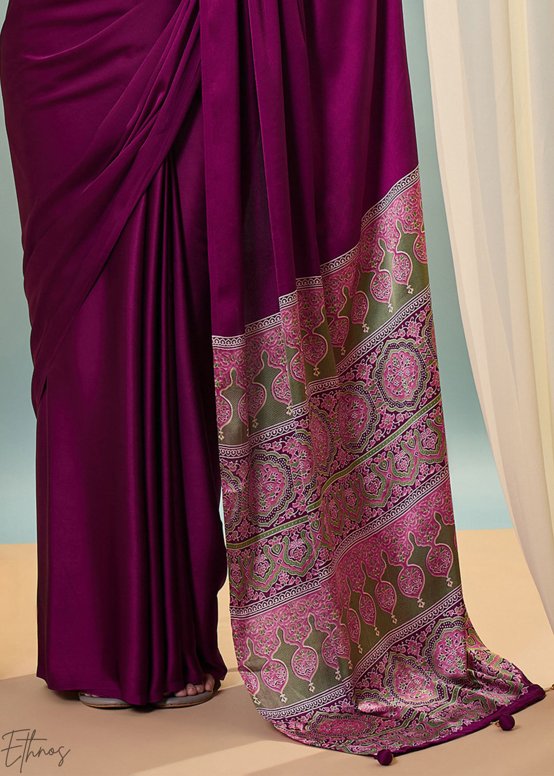 Rubellite Modal Silk Ajrakh Border Saree