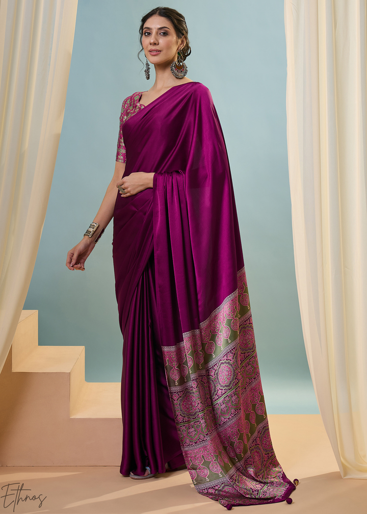 Rubellite Modal Silk Ajrakh Border Saree