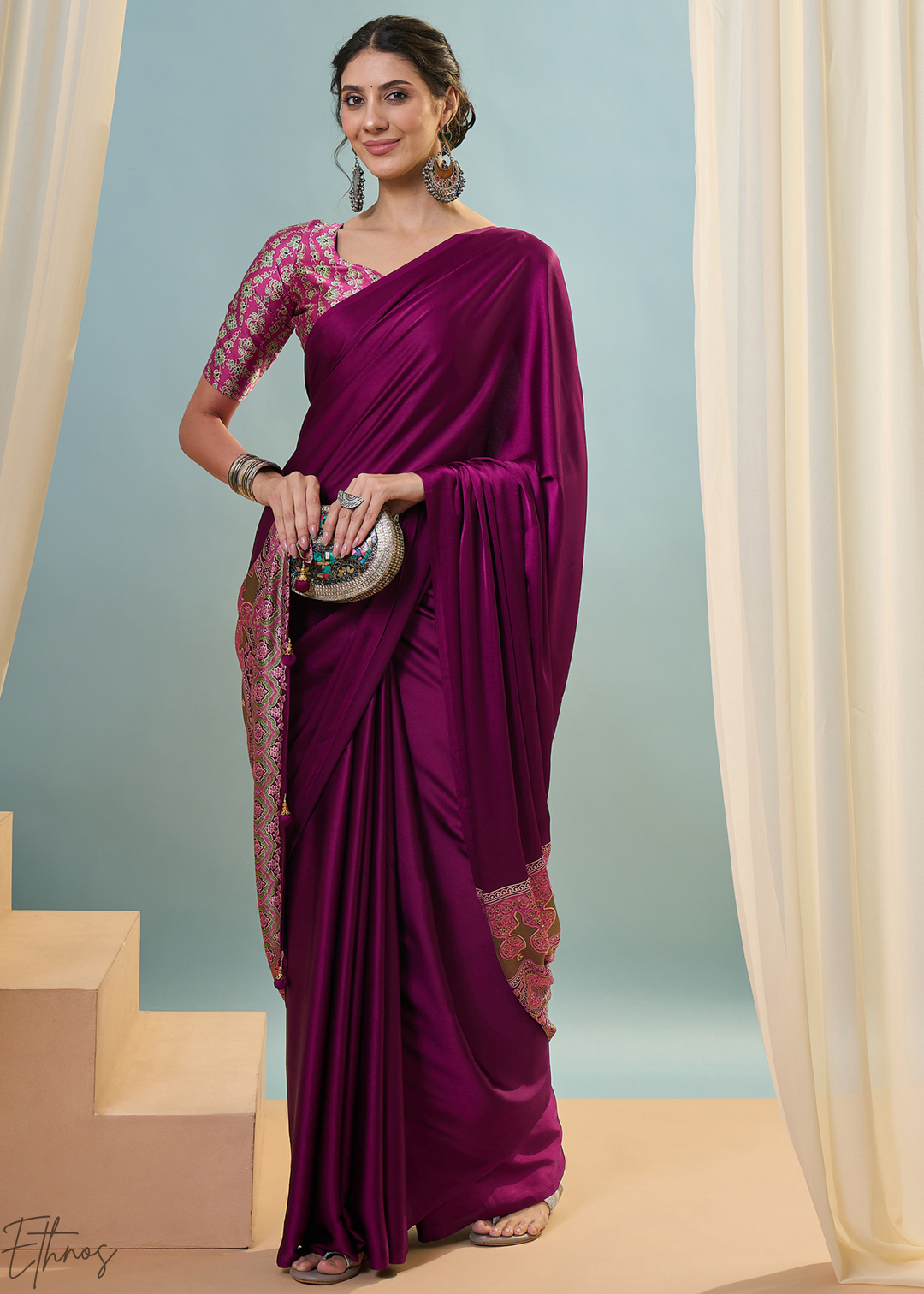 Rubellite Modal Silk Ajrakh Border Saree
