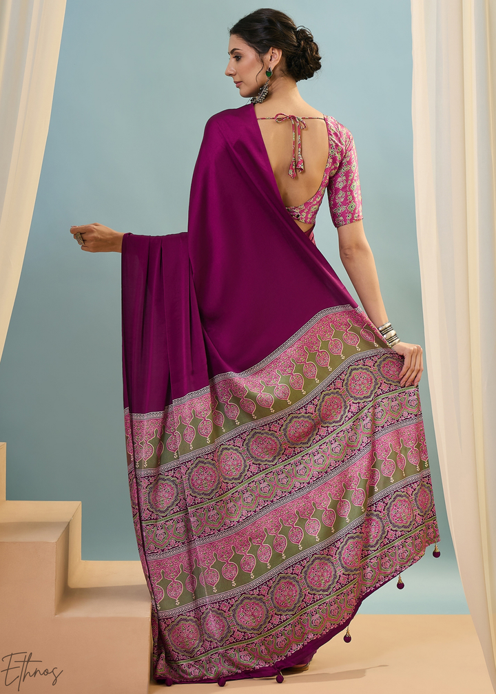 Rubellite Modal Silk Ajrakh Border Saree