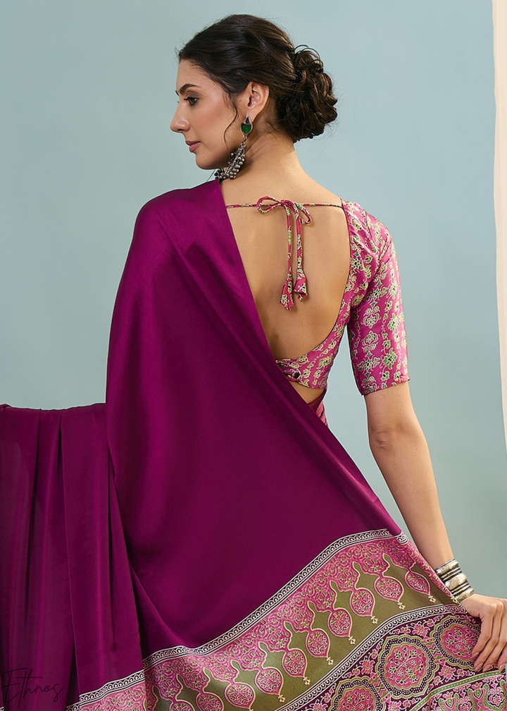 Rubellite Modal Silk Ajrakh Border Saree