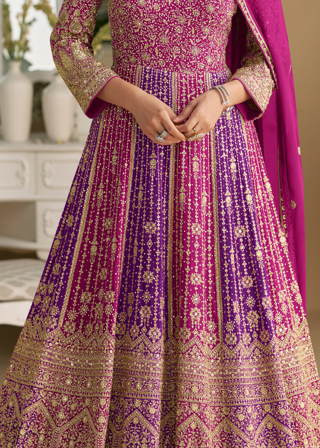 Rubellite Prism Aura Crystal-Encrusted Georgette Gown Set