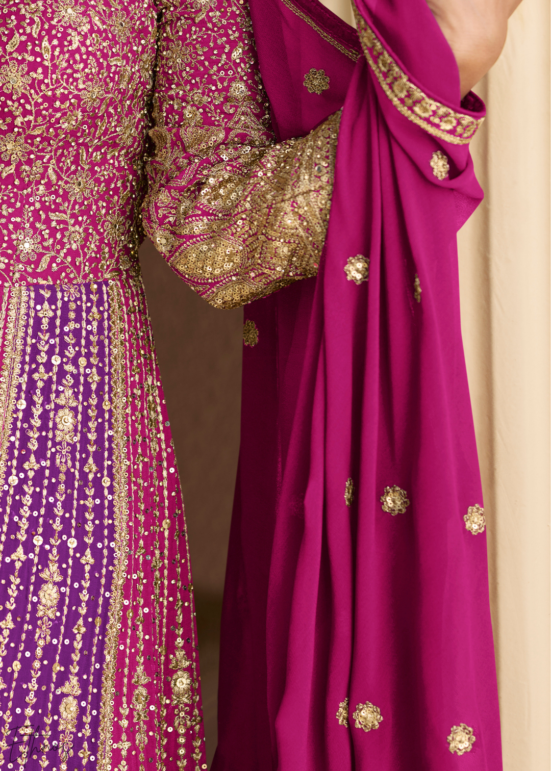 Rubellite Prism Aura Crystal-Encrusted Georgette Gown Set