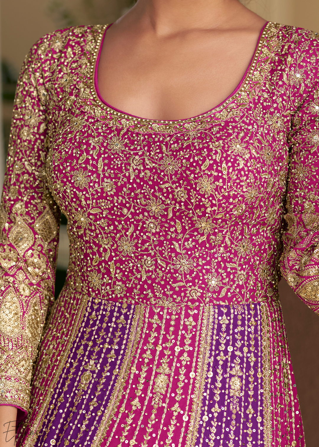 Rubellite Prism Aura Crystal-Encrusted Georgette Gown Set