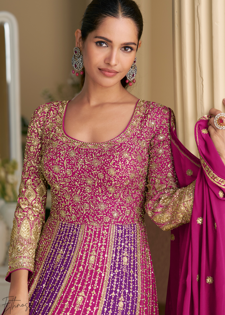 Rubellite Prism Aura Crystal-Encrusted Georgette Gown Set