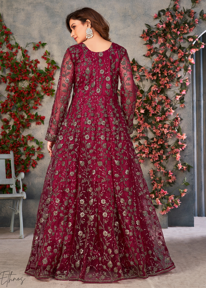 Ruby Blossom Filigree Net Anarkali Pant Suit
