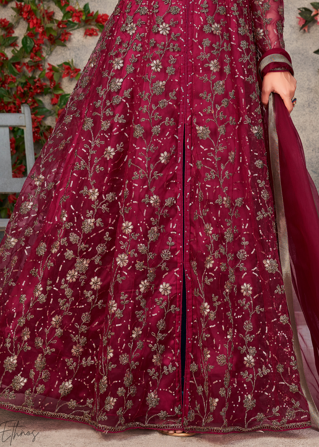 Ruby Blossom Filigree Net Anarkali Pant Suit