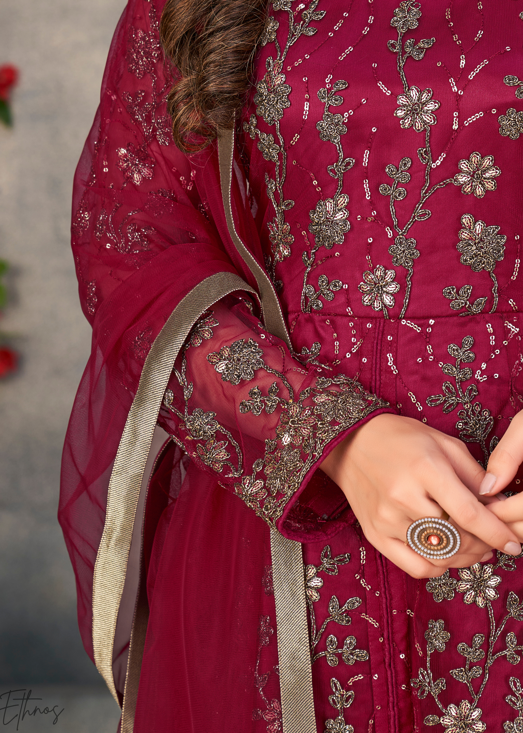 Ruby Blossom Filigree Net Anarkali Pant Suit