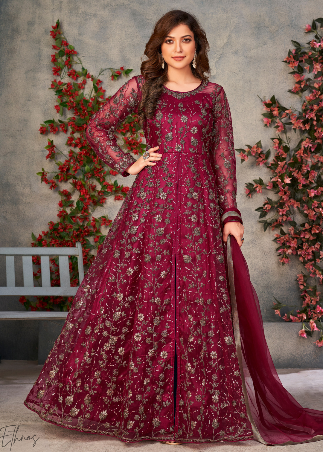 Ruby Blossom Filigree Net Anarkali Pant Suit