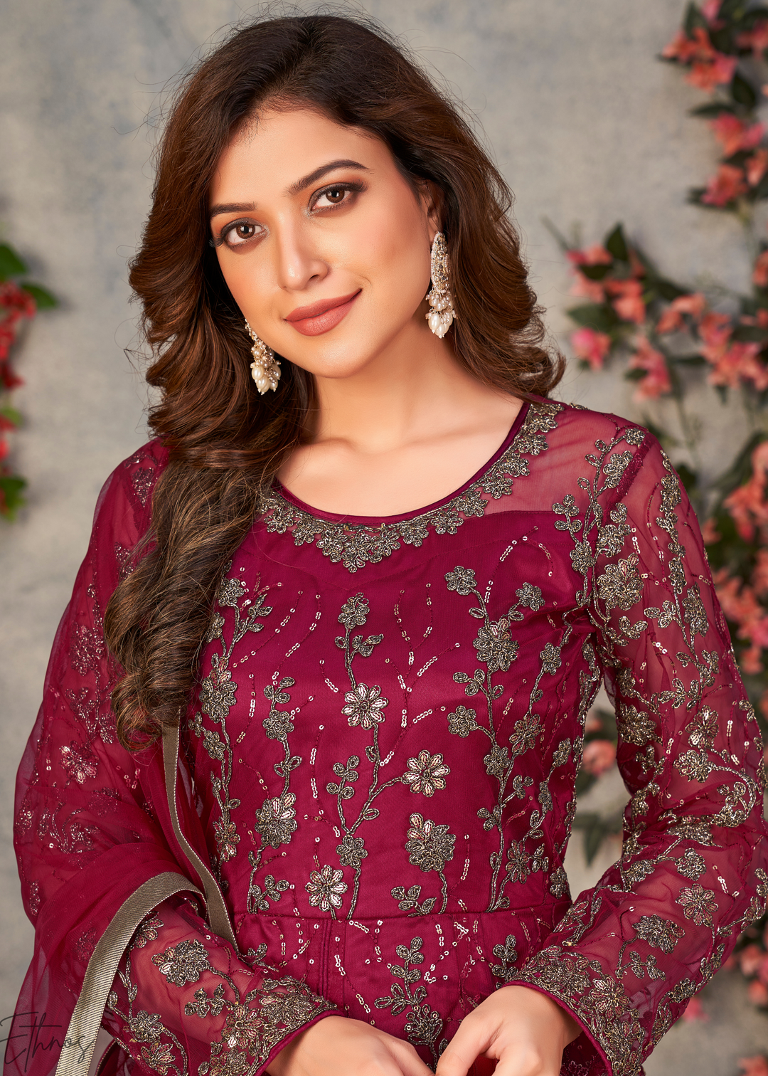 Ruby Blossom Filigree Net Anarkali Pant Suit