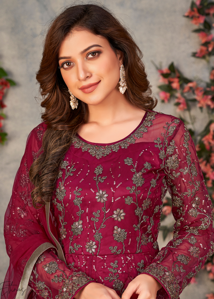 Ruby Blossom Filigree Net Anarkali Pant Suit