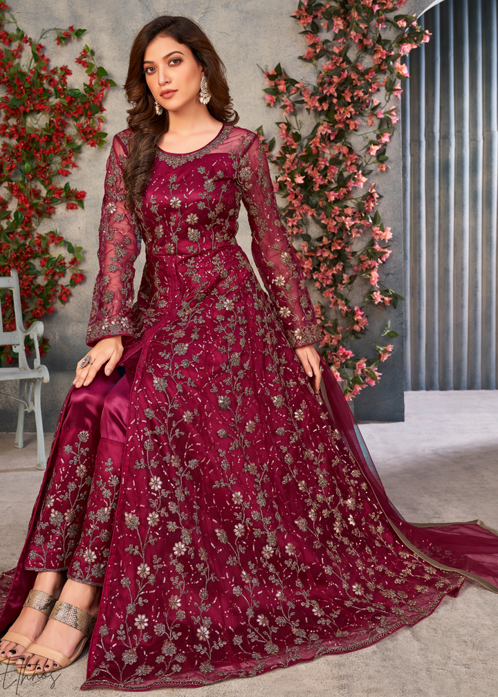 Ruby Blossom Filigree Net Anarkali Pant Suit