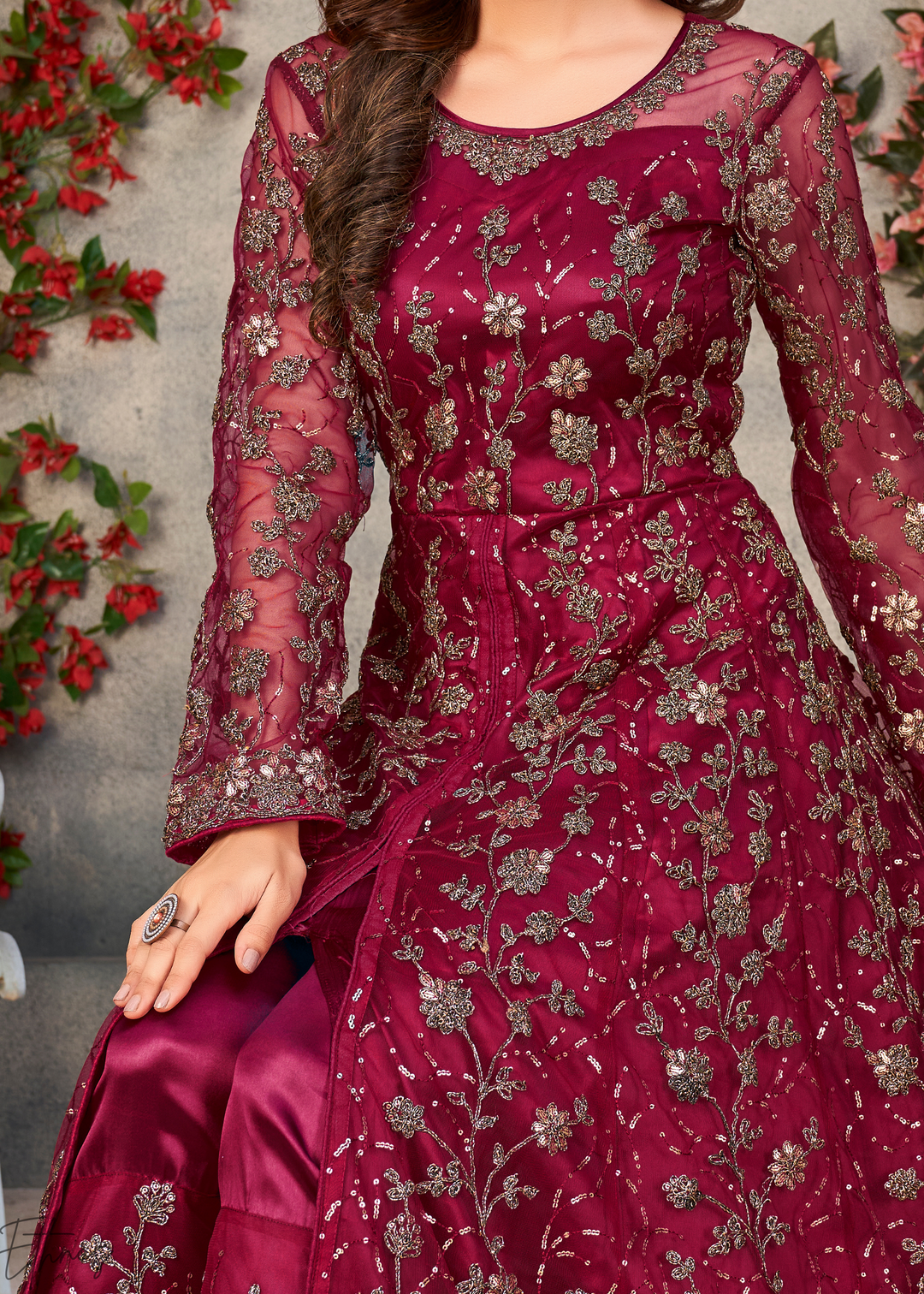 Ruby Blossom Filigree Net Anarkali Pant Suit
