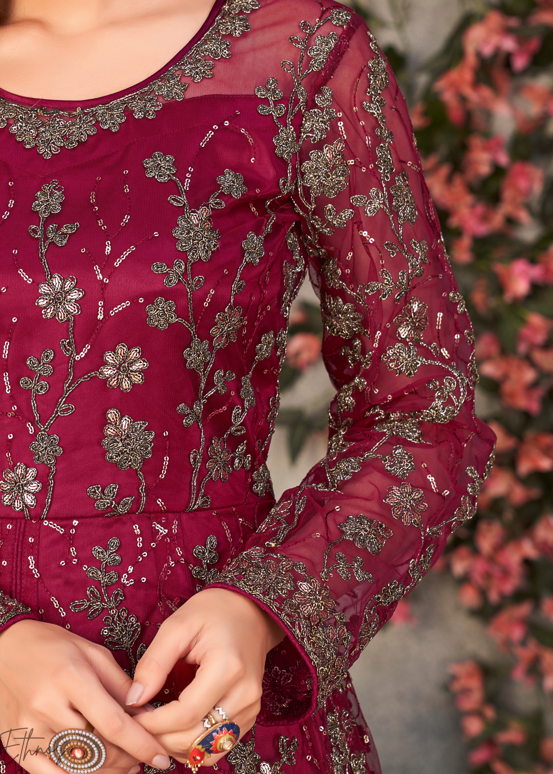 Ruby Blossom Filigree Net Anarkali Pant Suit