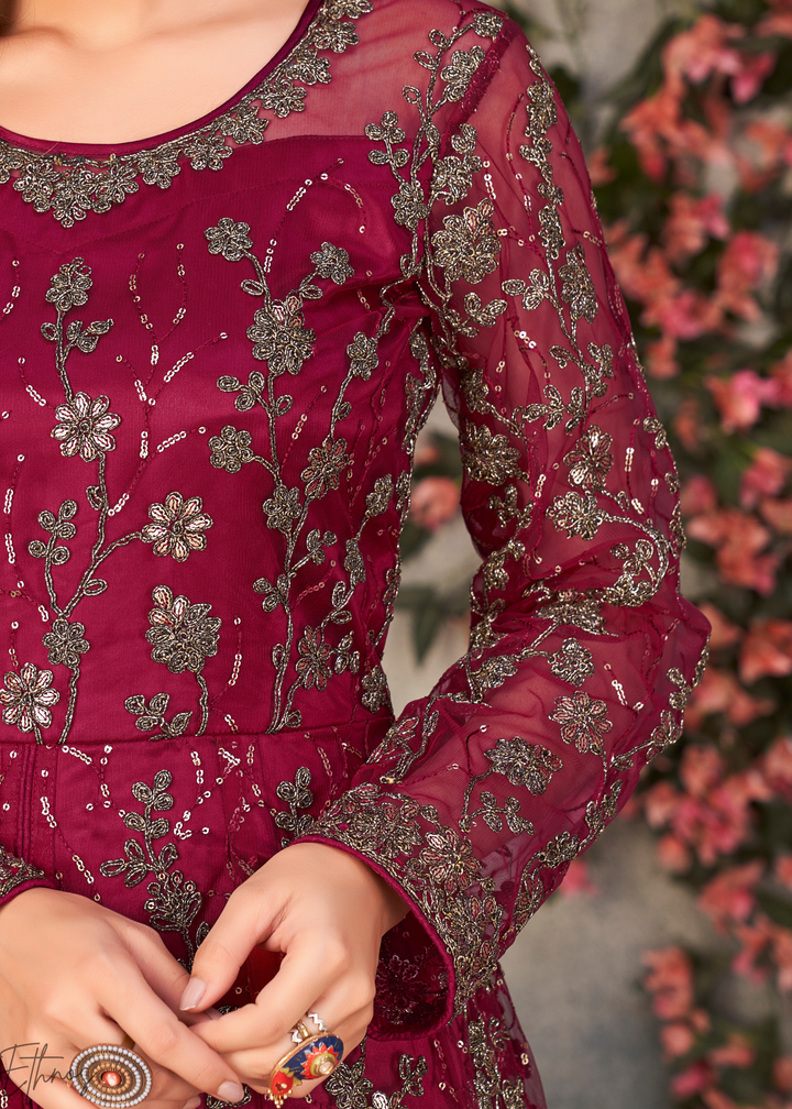 Ruby Blossom Filigree Net Anarkali Pant Suit
