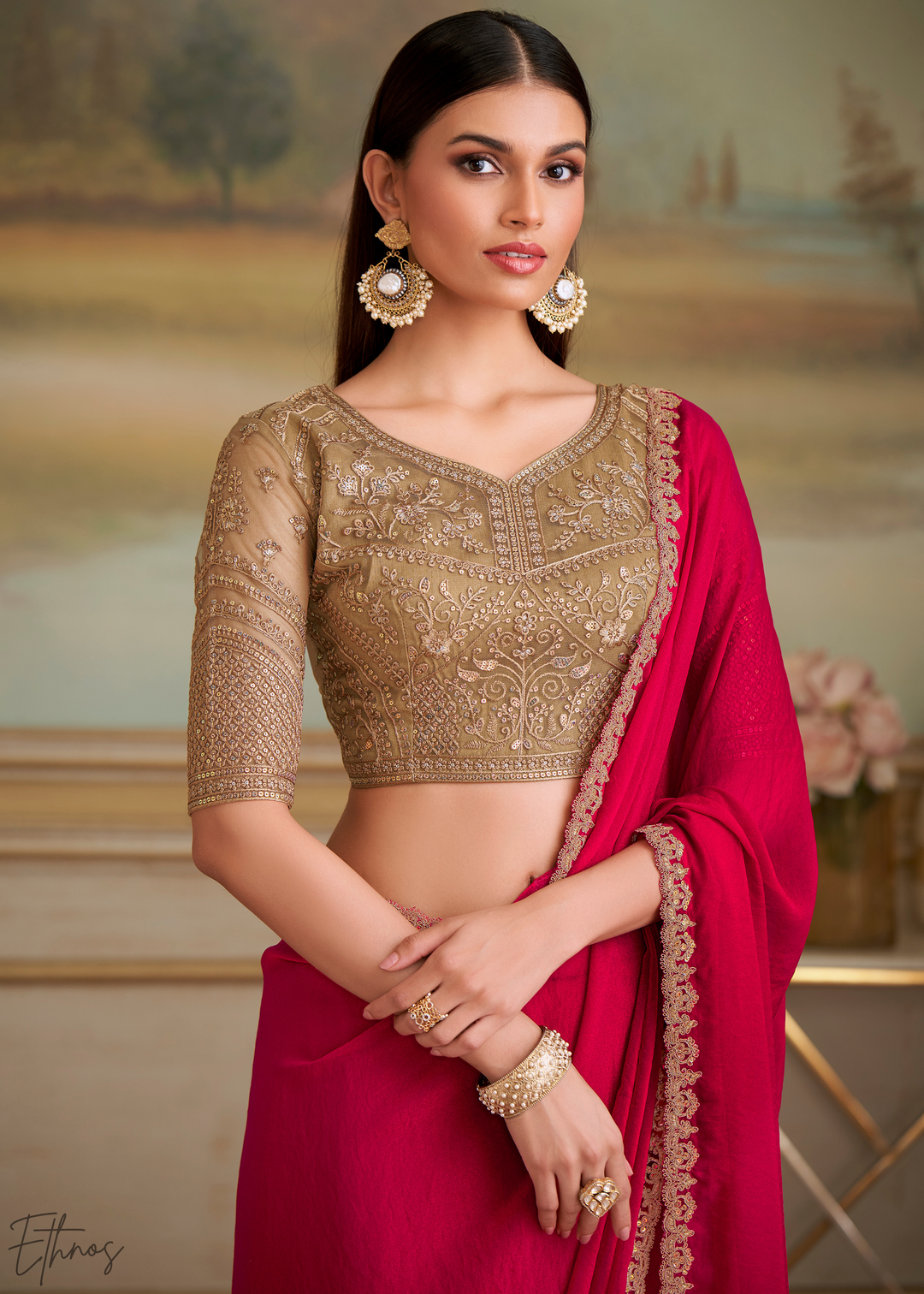 Ruby Crimson Shimmer Georgette Saree