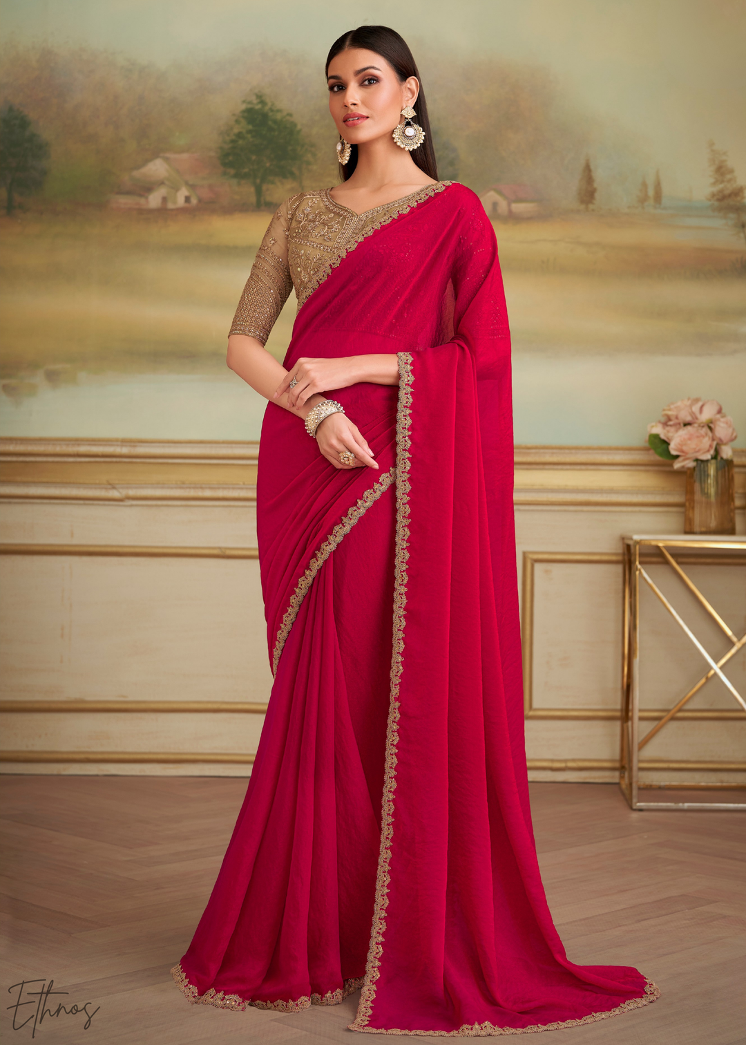 Ruby Crimson Shimmer Georgette Saree