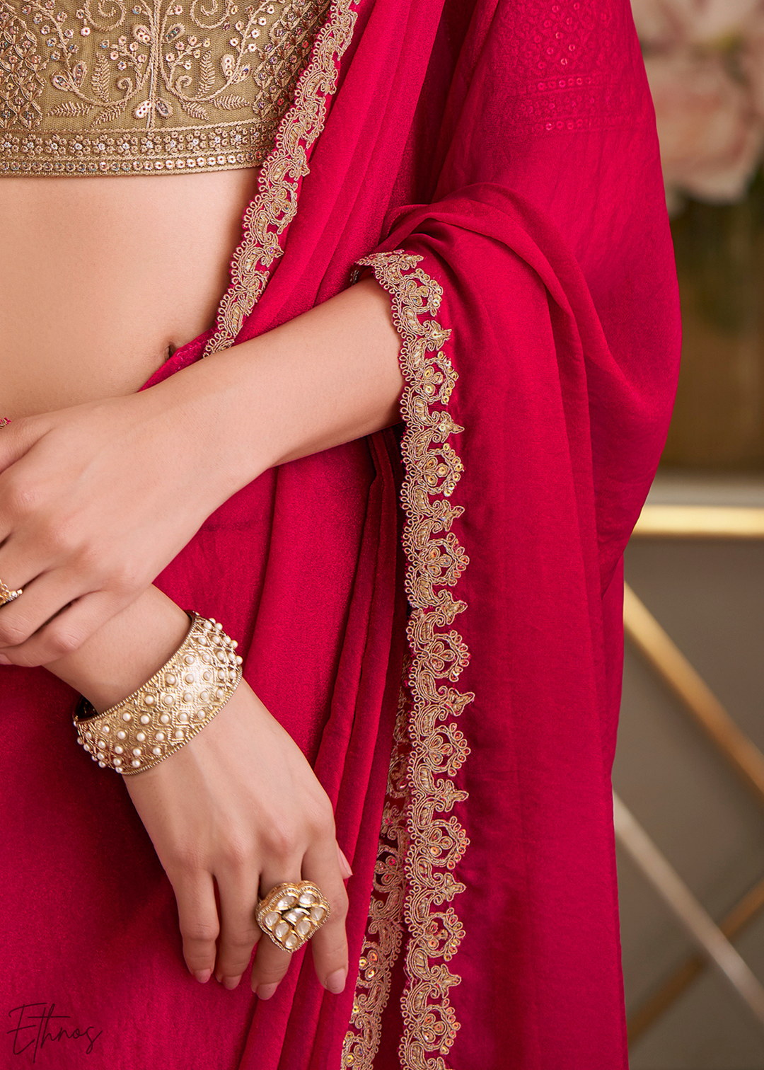 Ruby Crimson Shimmer Georgette Saree