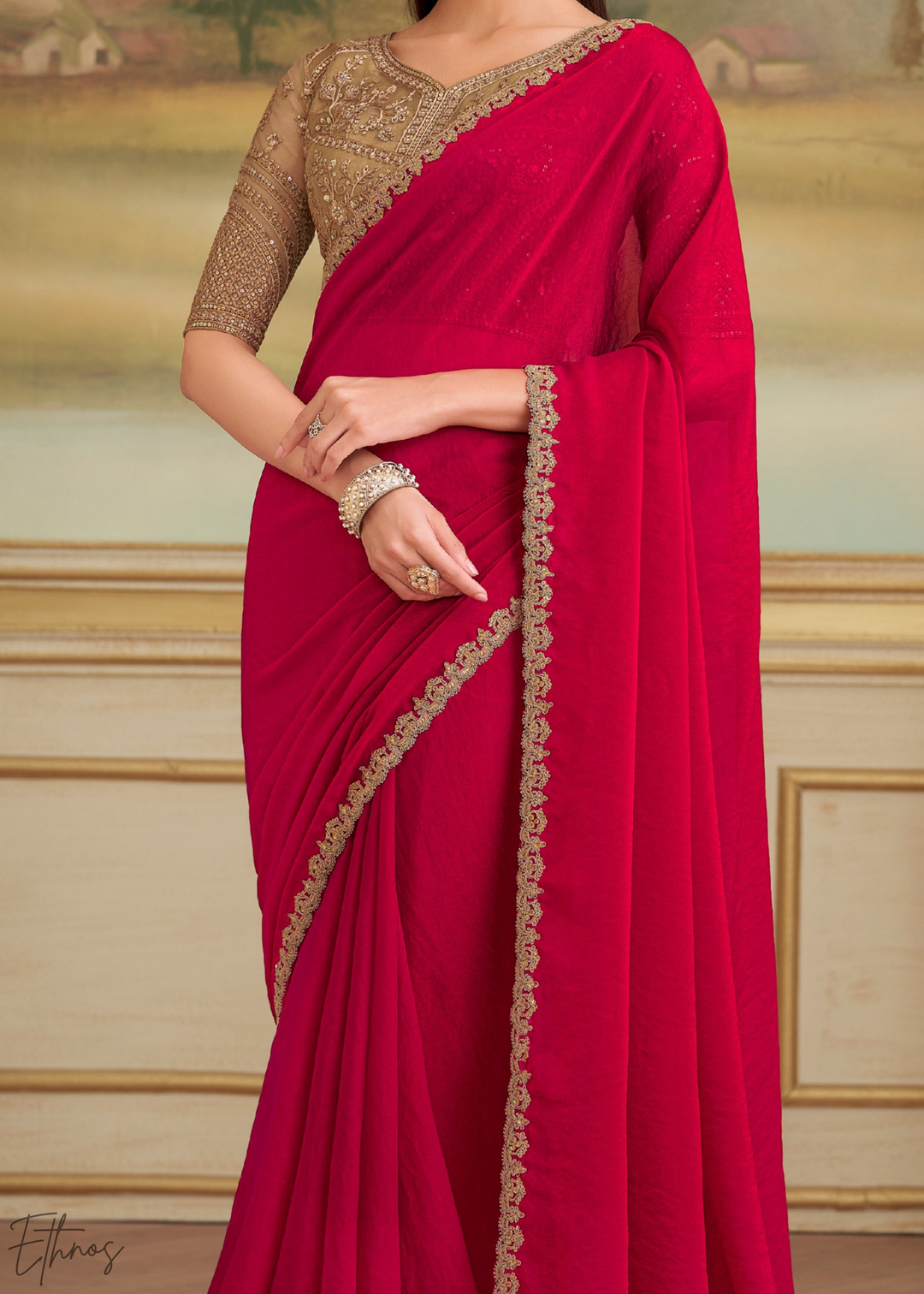Ruby Crimson Shimmer Georgette Saree