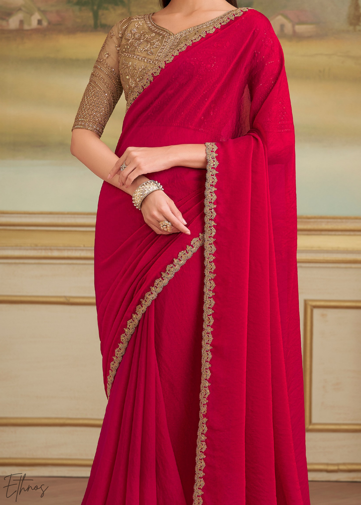 Ruby Crimson Shimmer Georgette Saree