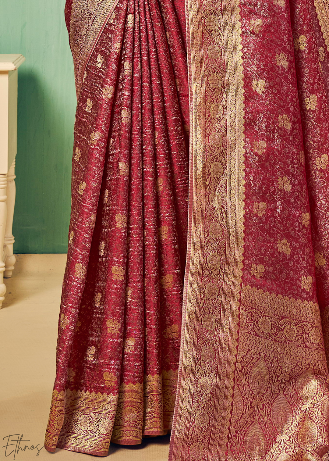 Ruby Gilded-Brocade Tissue Poly-Viscose Silk Saree
