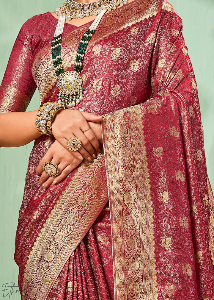 Ruby Gilded-Brocade Tissue Poly-Viscose Silk Saree