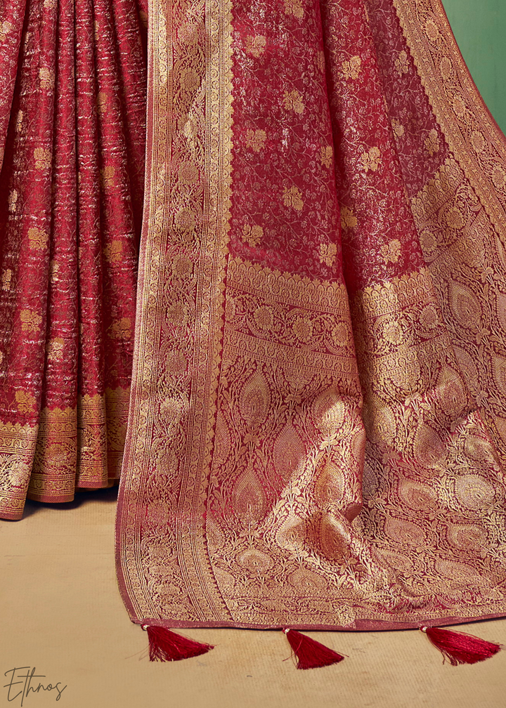 Ruby Gilded-Brocade Tissue Poly-Viscose Silk Saree