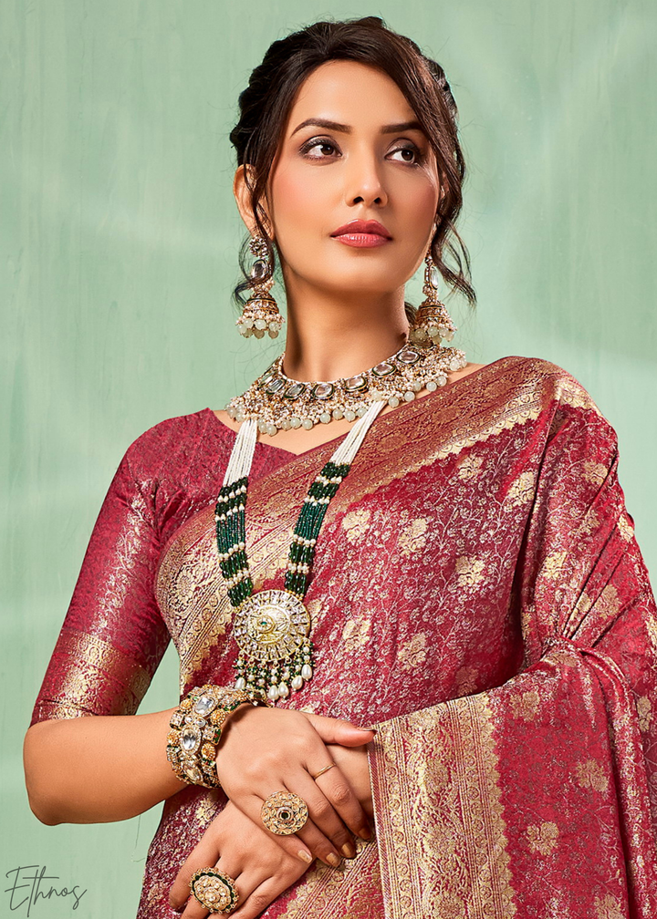 Ruby Gilded-Brocade Tissue Poly-Viscose Silk Saree