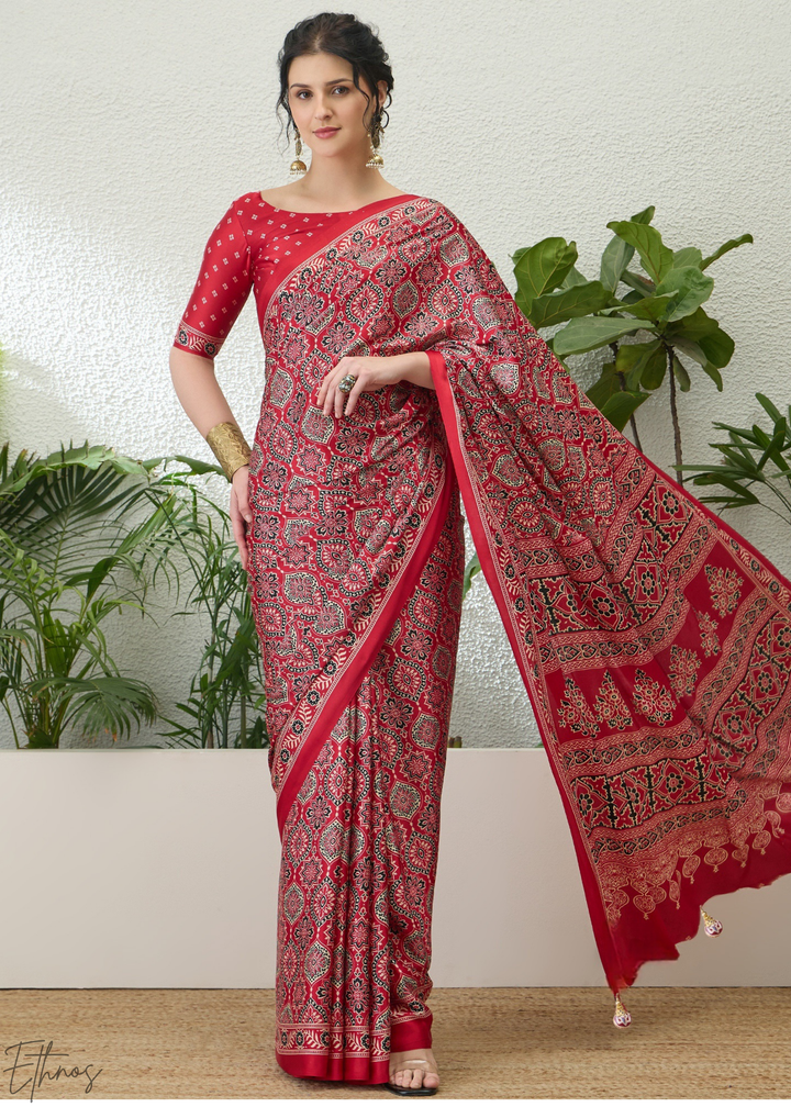 Ruby Red Ajrakh Print Modal Silk Saree