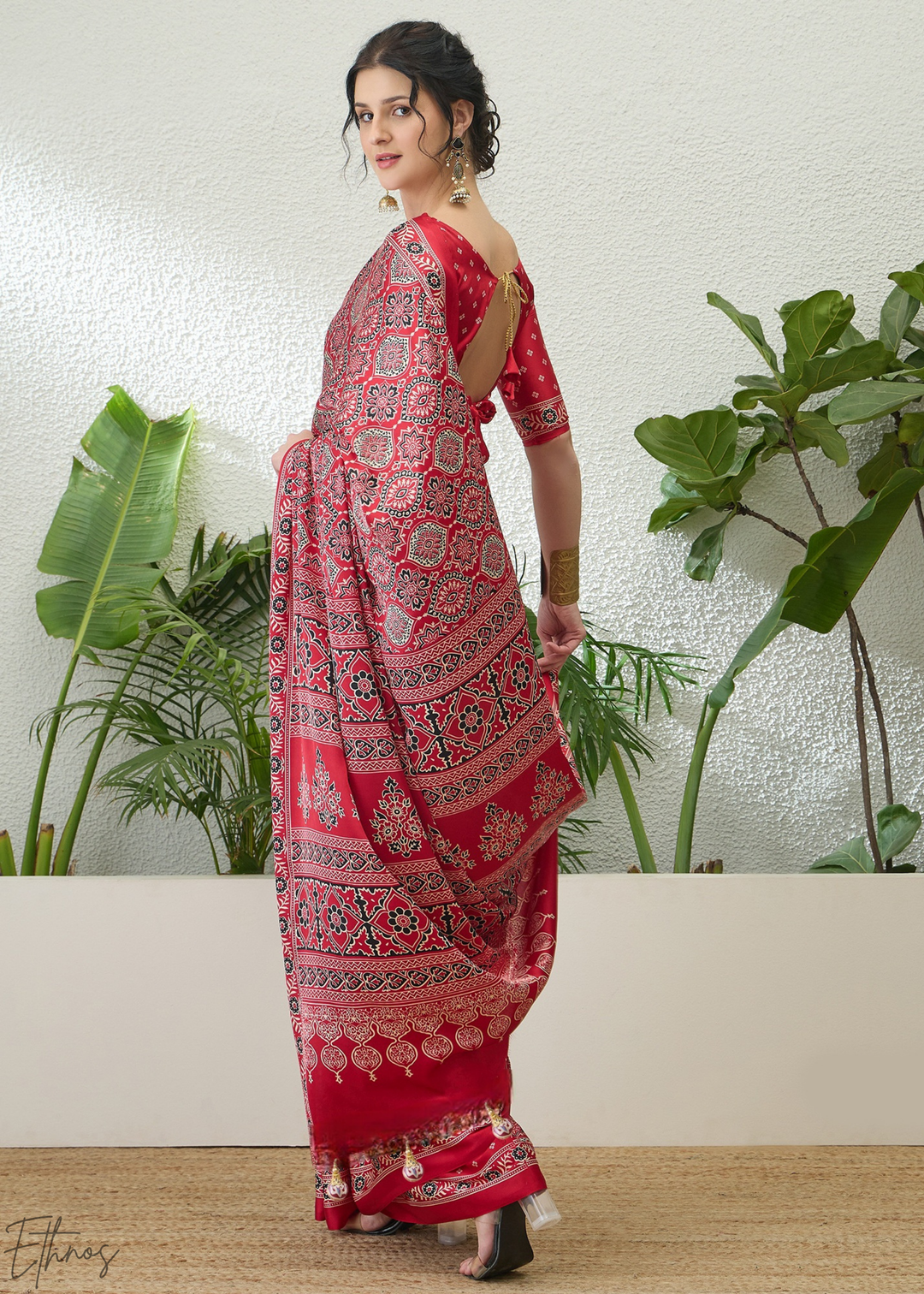 Ruby Red Ajrakh Print Modal Silk Saree