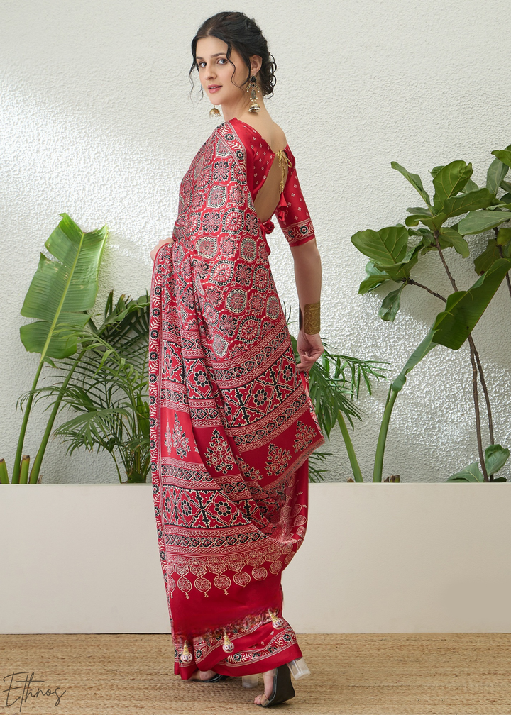 Ruby Red Ajrakh Print Modal Silk Saree