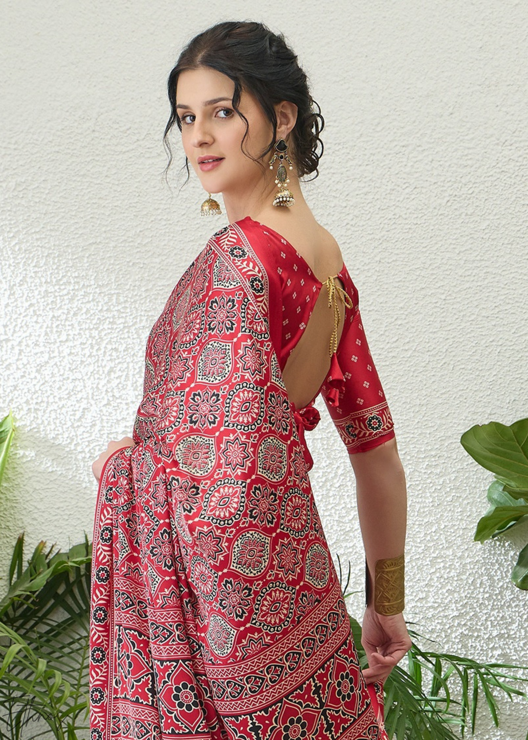 Ruby Red Ajrakh Print Modal Silk Saree