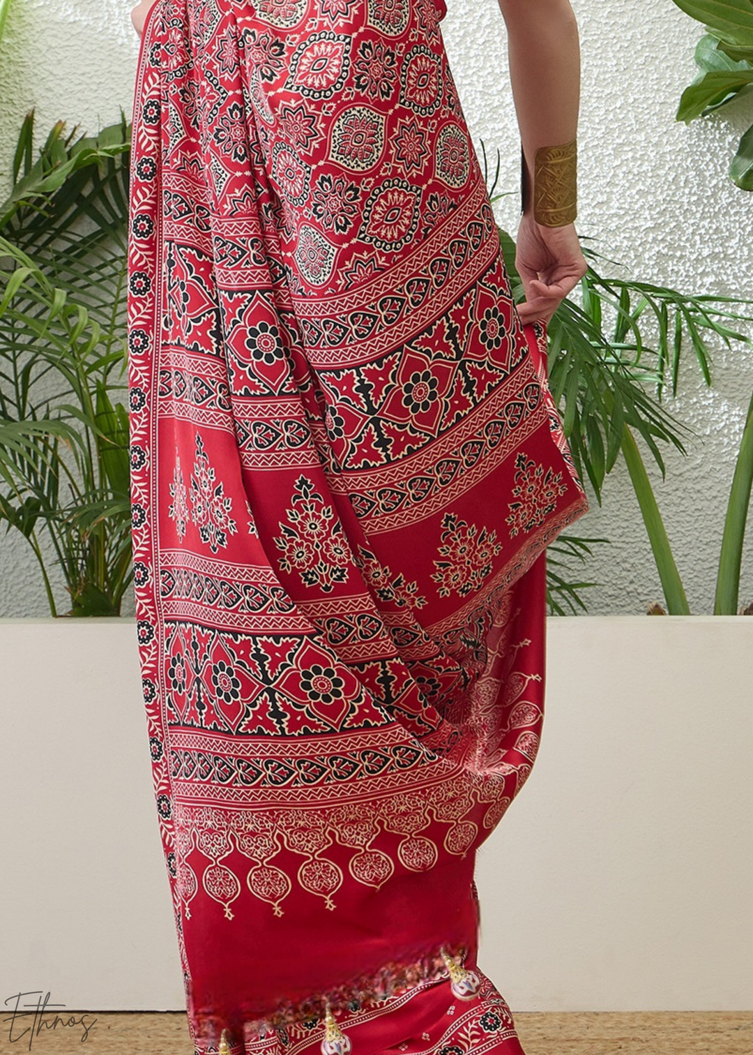Ruby Red Ajrakh Print Modal Silk Saree