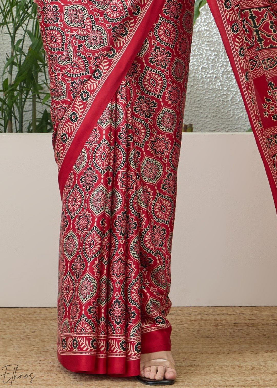 Ruby Red Ajrakh Print Modal Silk Saree