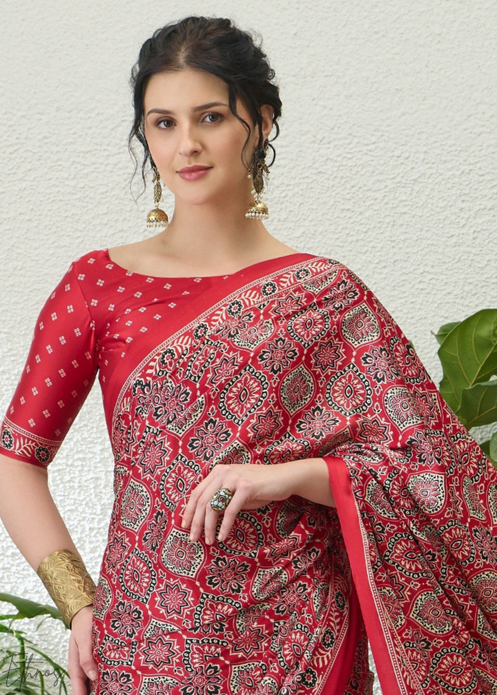 Ruby Red Ajrakh Print Modal Silk Saree