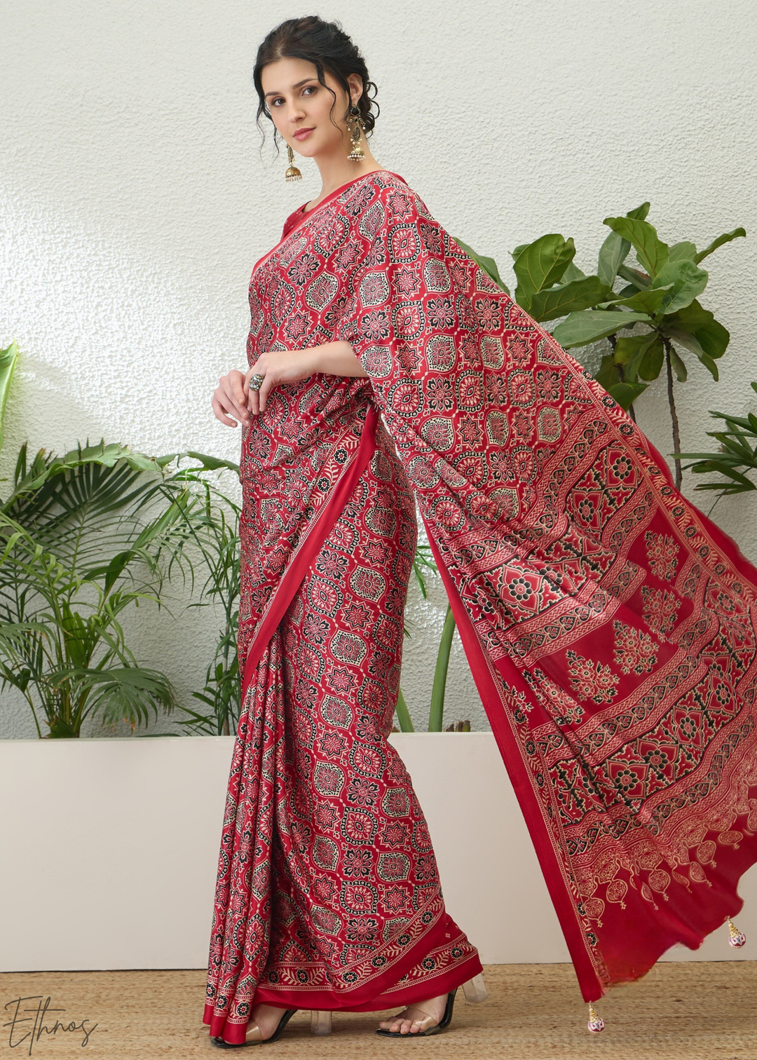 Ruby Red Ajrakh Print Modal Silk Saree