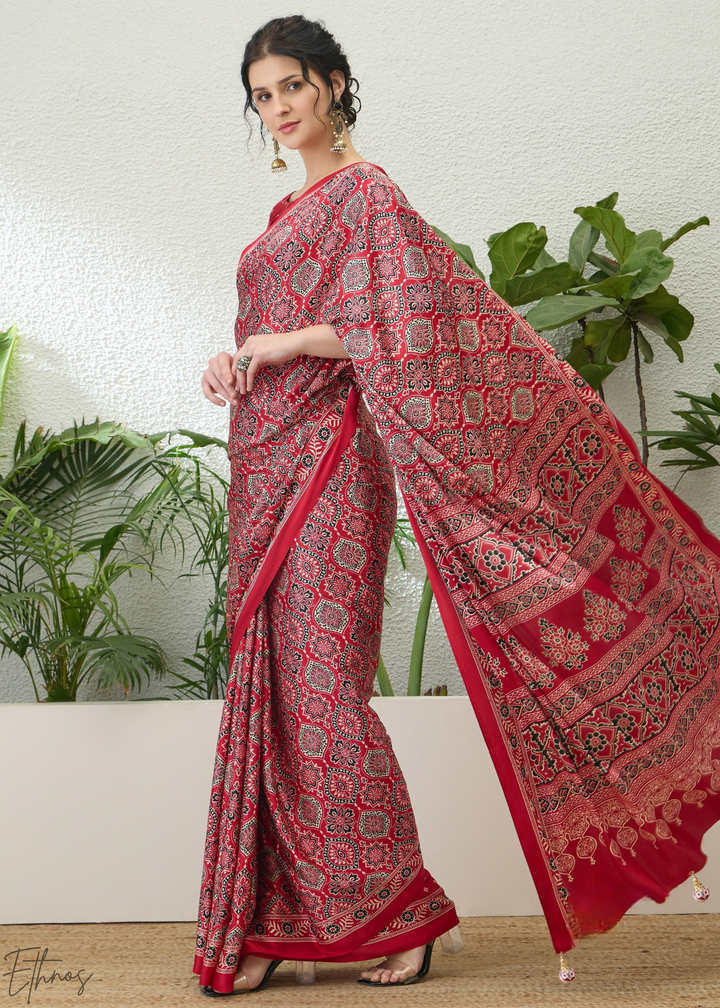 Ruby Red Ajrakh Print Modal Silk Saree