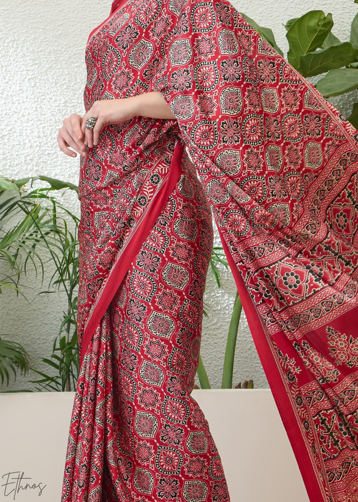 Ruby Red Ajrakh Print Modal Silk Saree