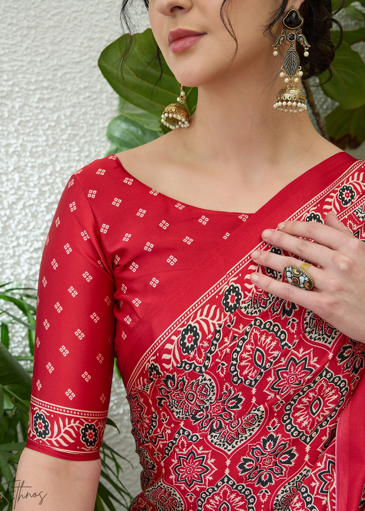 Ruby Red Ajrakh Print Modal Silk Saree