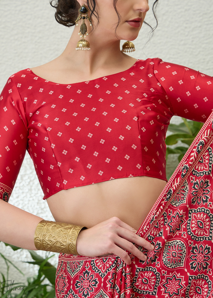 Ruby Red Ajrakh Print Modal Silk Saree